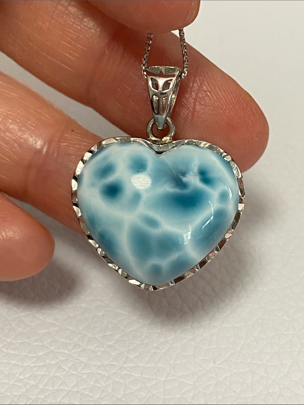 High Quality AAA Natural Larimar Heart Silver Pendant Necklace - Picture 4 of 7